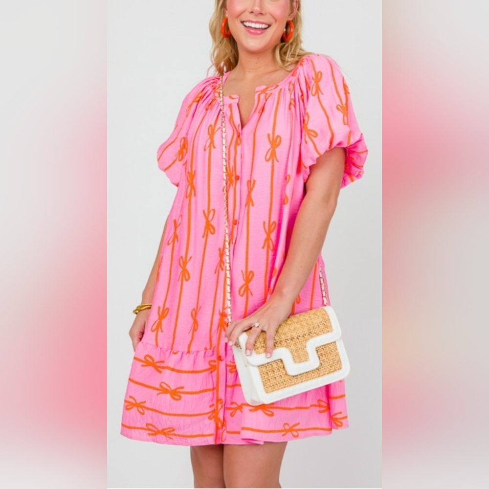 Umgee Pink and Orange Bow Pattern Mini Dress